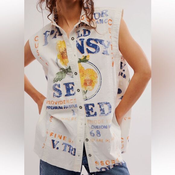 Free People Tops - Free People White Sleeveless Button-Up Top with Blue & Yellow Graphic